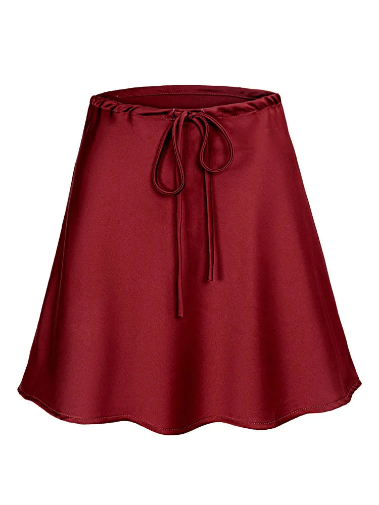 Satin Drawstring Mini Skirt in Black