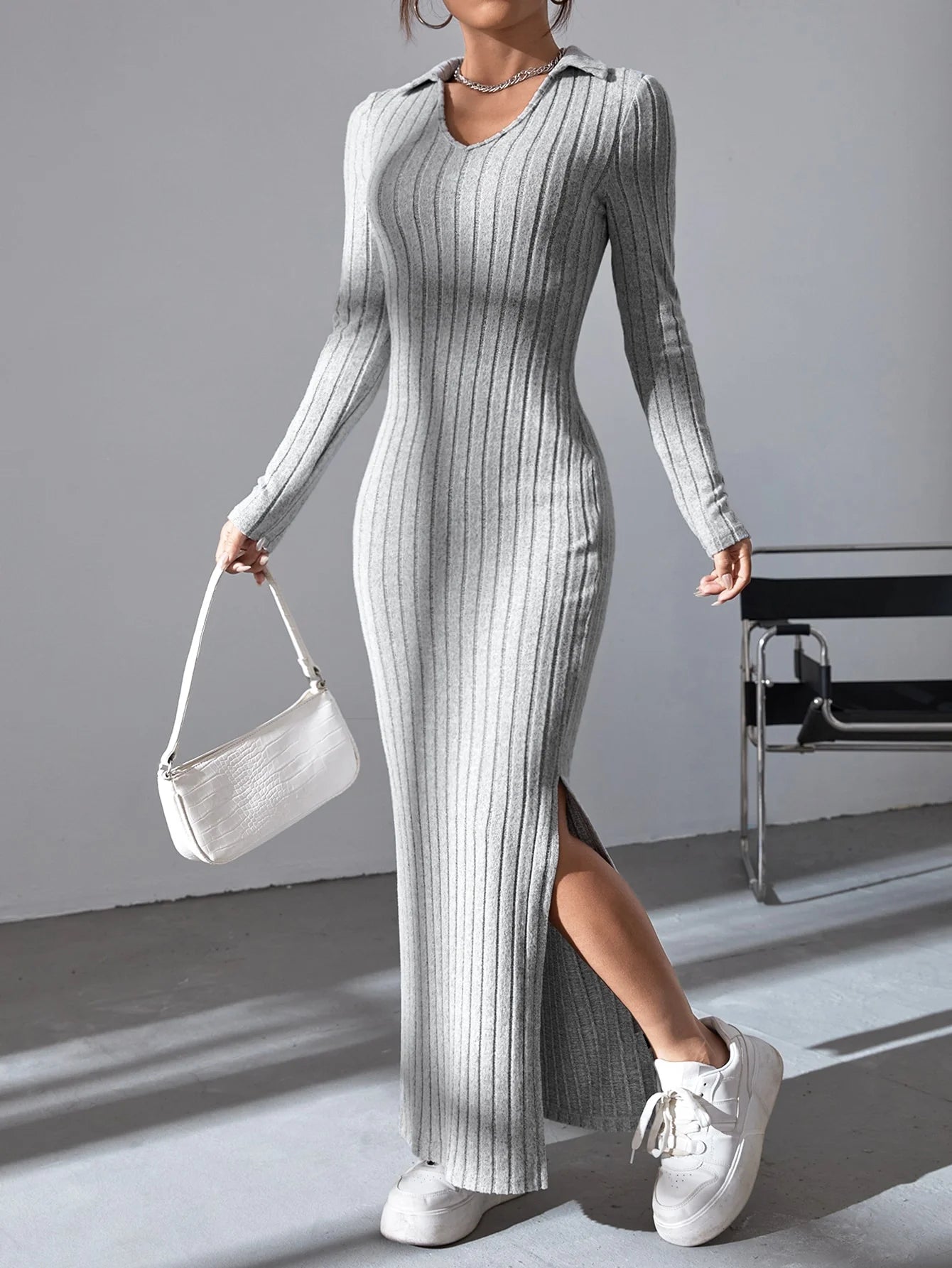 Cassies Kurations Sexy Knit V-Neck Split Sweater Dress