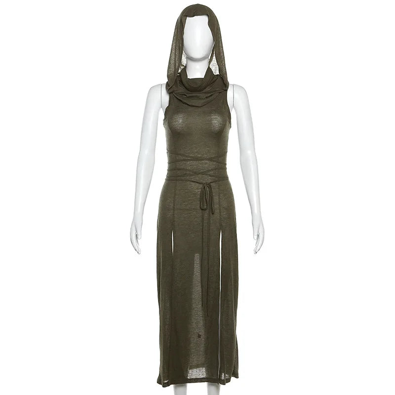 Goth Dark Hooded Midi Dress with Side Slits