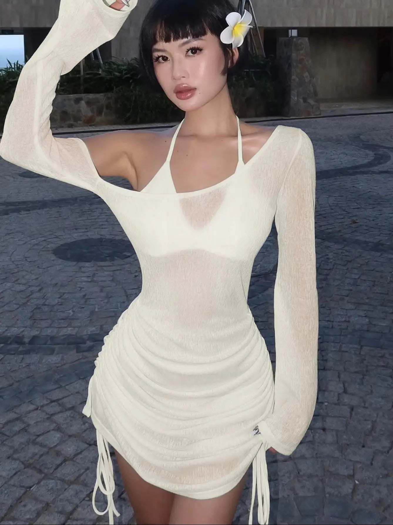 Dulzura White Ruched Sheer Mini Dress