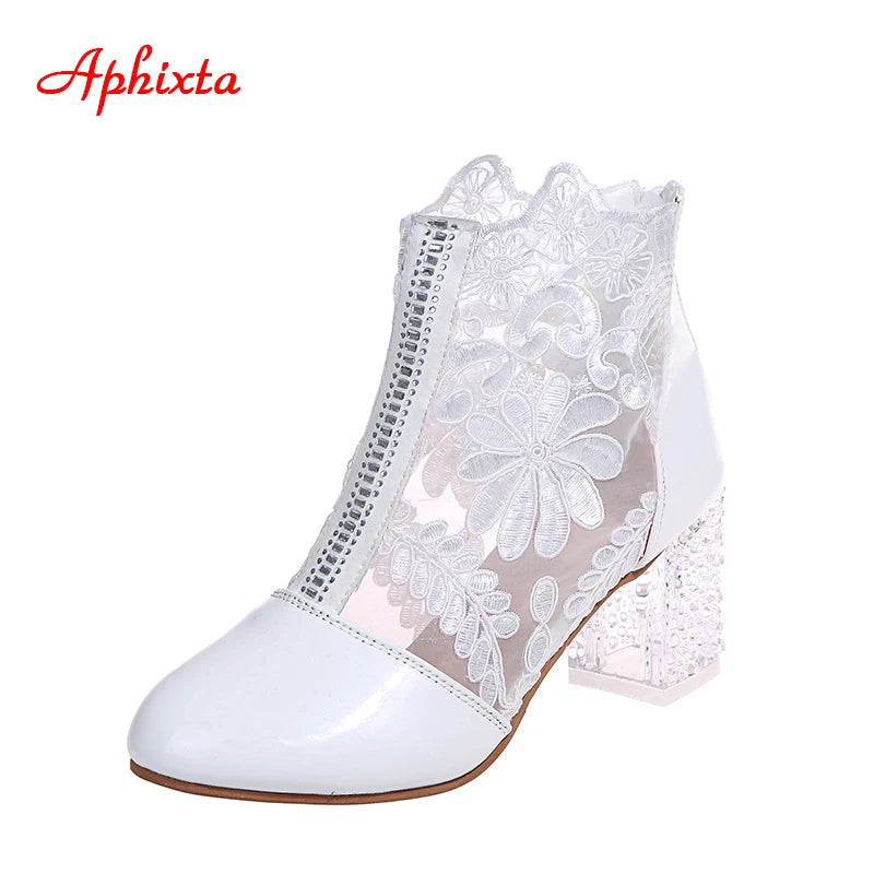 Aphixta Women's Lace Air Mesh Ankle Boots with Crystal Square Heels