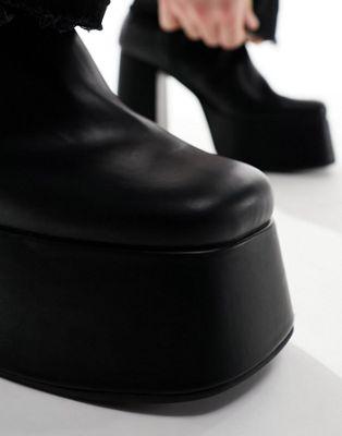 Black Faux Leather Knee High Platform Heeled Boots