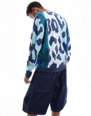 Blue Animal Print Knit Crew Neck Sweater
