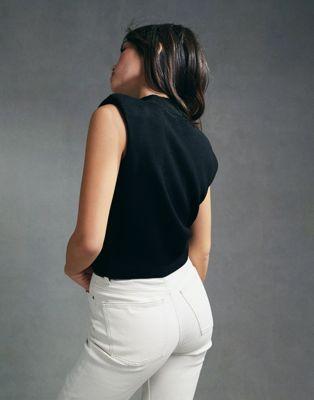 Black Knit Tank Top with High Neck and Shoulder Pads