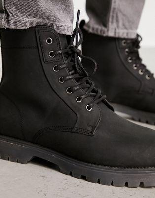 Black Leather Lace-Up Boots with Chunky Sole