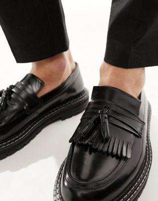 Black Leather Chunky Sole Loafers