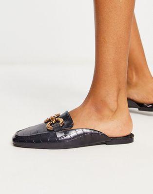 Black Croc Flat Mules with Gold Chain