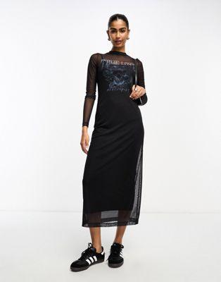 Black Mesh Graphic Long Sleeve Midi Dress