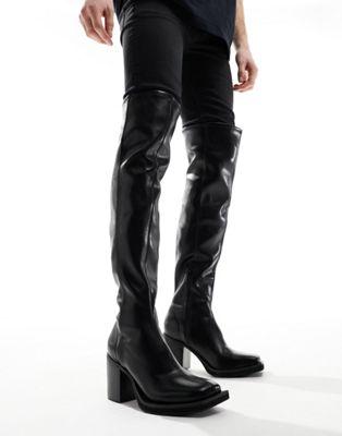 Black Faux Leather Over-the-Knee Block Heel Boots