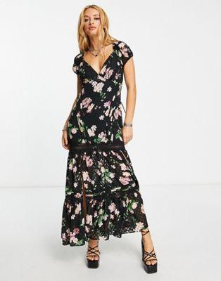 Black Floral Pintuck Maxi Dress with Lace Inserts