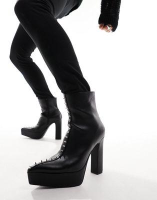 Black Faux Leather Studded Platform Heeled Boots