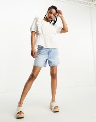 JDY Petite Eyelet Peplum Blouse in White Cotton