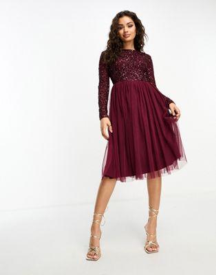 Maya Petite Sequin Tulle Midi Dress in Wine