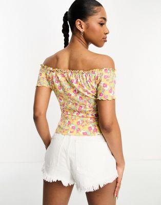 Monki Yellow Floral Gathered Off-the-Shoulder Top