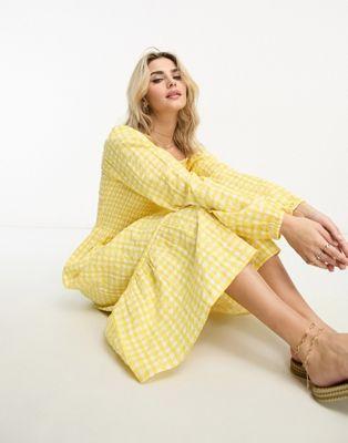 Monki Yellow Gingham Seersucker Midi Dress