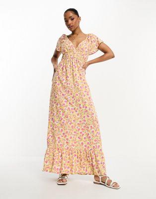 Monki Yellow Floral Shirred Waist Maxi Dress