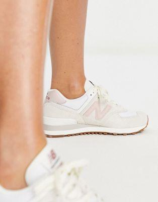 New Balance 574 Suede & Mesh Sneakers in Off-White and Pink