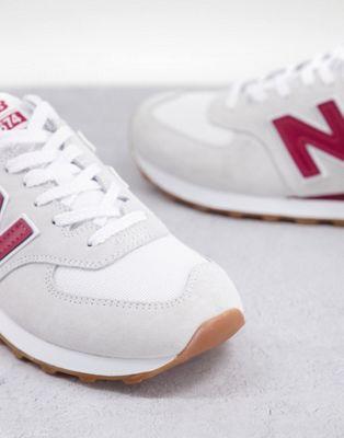 New Balance 574 Suede & Leather Sneakers in White & Red