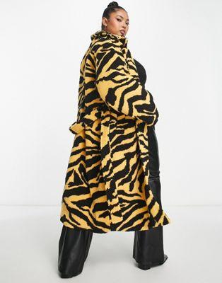 Pieces Curve Yellow Tiger Print Longline Teddy Coat