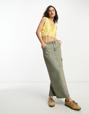 Reclaimed Vintage Yellow Gingham Lace Trim Ruched Top