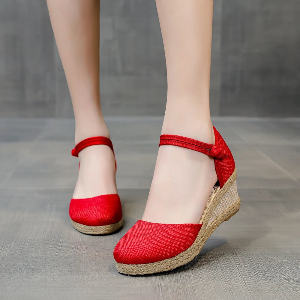 Veowalk Linen Wedge Sandals in Mushroom