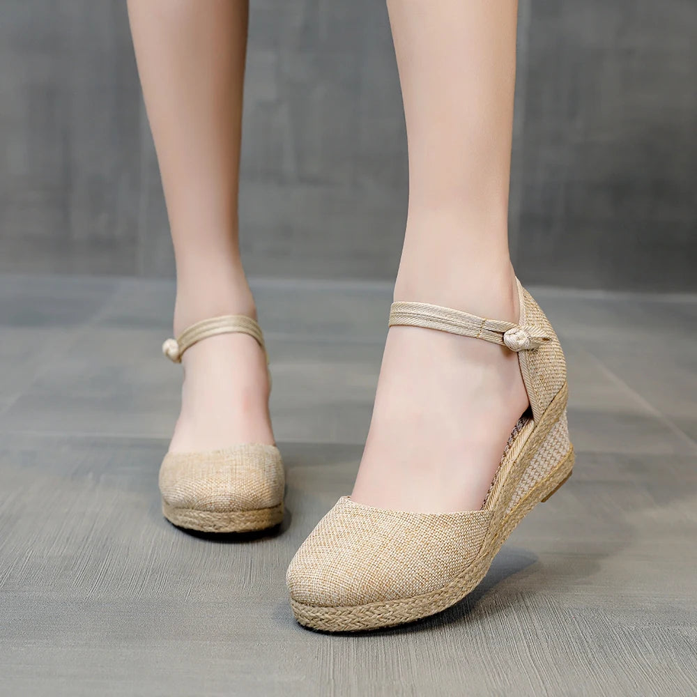 Veowalk Linen Wedge Sandals in Mushroom