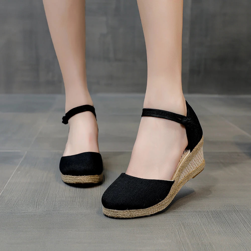 Veowalk Linen Wedge Sandals in Mushroom
