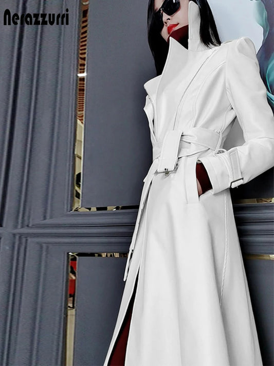 Nerazzurri White Faux Leather Long Trench Coat for Women