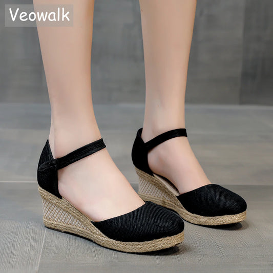 Veowalk Linen Wedge Sandals in Mushroom