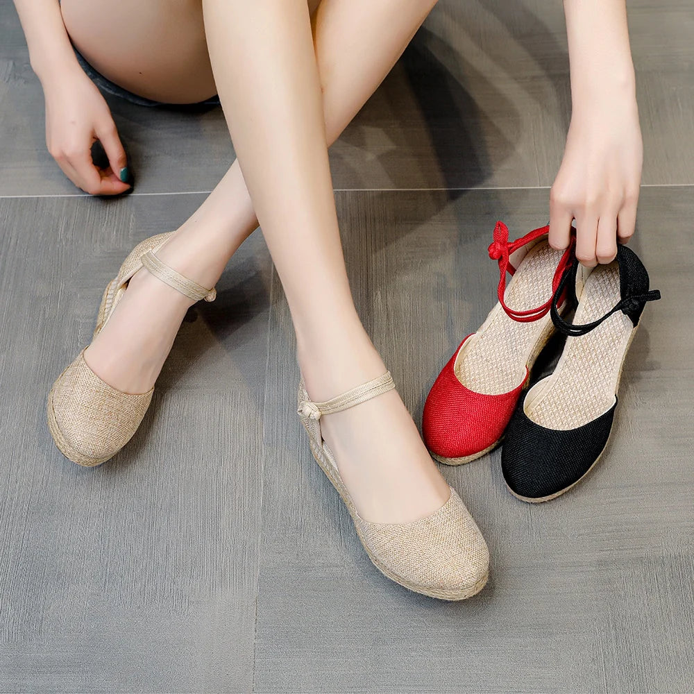 Veowalk Linen Wedge Sandals in Mushroom