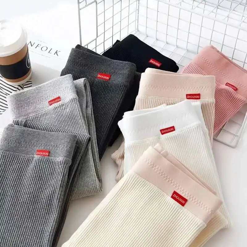 Ribbed High Waist Leggings for Women in Warm Grey