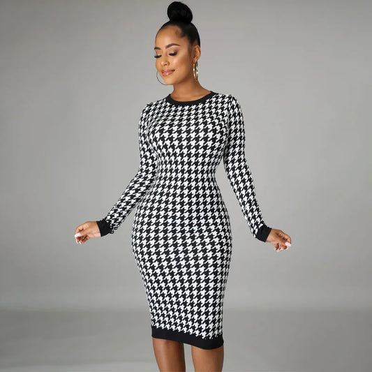 Houndstooth Print Long Sleeve Midi Dress