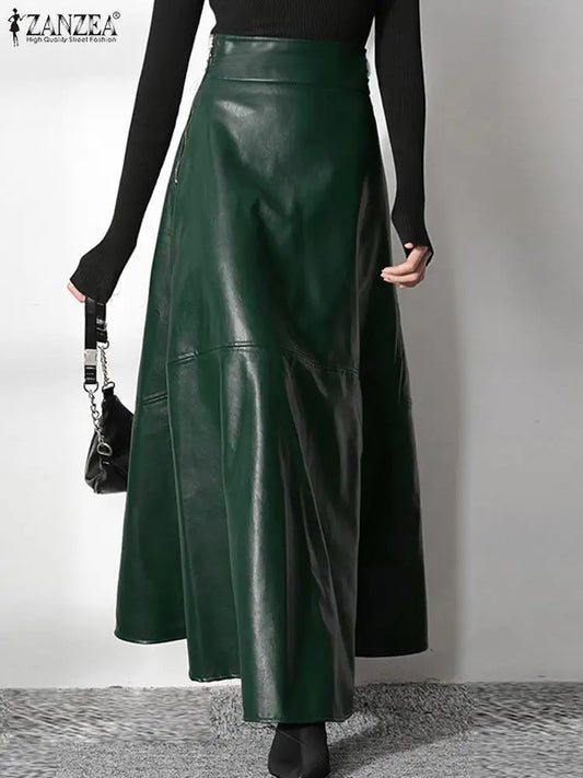 ZANZEA PU Leather Maxi Skirt in Khaki