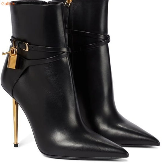 Cassies Kurations Women's Suede Ankle Boots with Gold Lock Heel