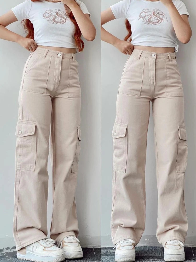 Cassies Kurations Women's Wide Leg Cargo Pants in Beige
