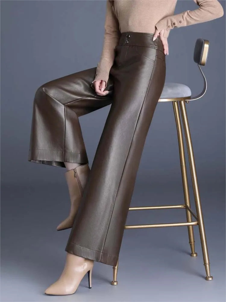 ZUZK PU Leather Wide Leg Pants - Dark