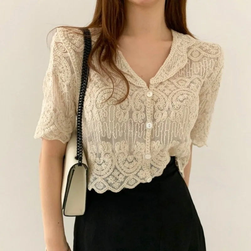 Sheer Lace Embroidered Blouse - White