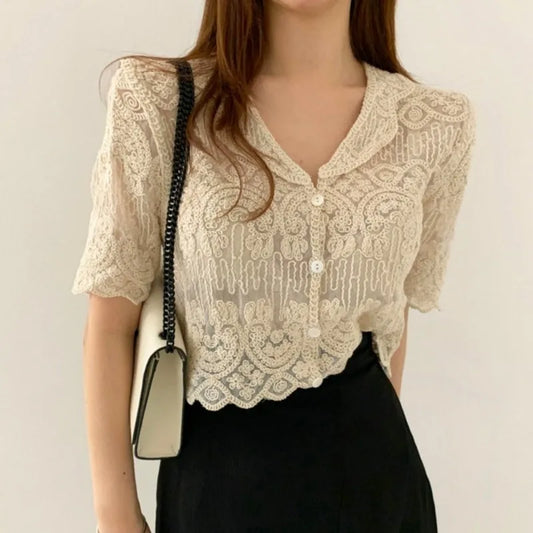 Sheer Lace Embroidered Blouse - White
