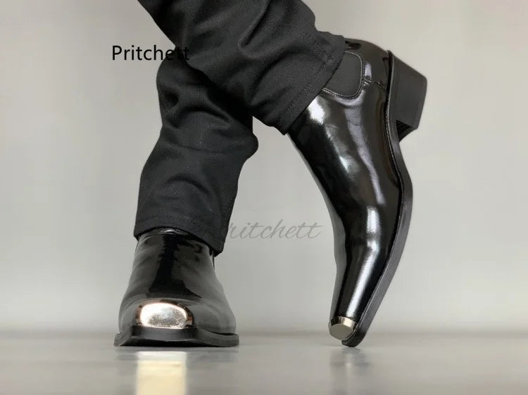 Cassies Kurations Men's Black Patent Leather Square Toe Chelsea Boots