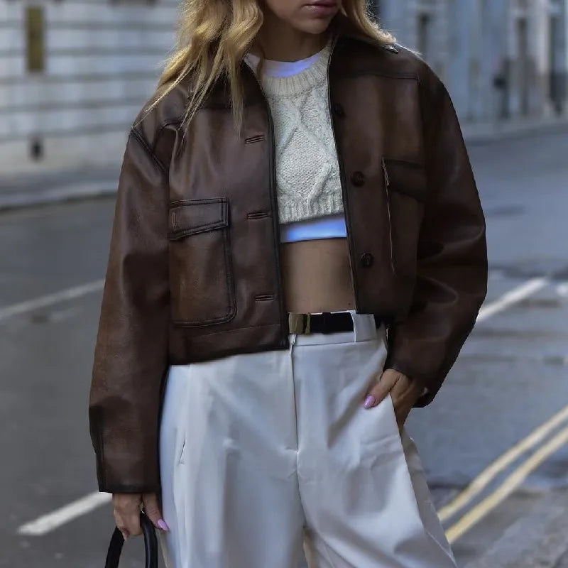 American Retro Gradient Brown PU Leather Jacket