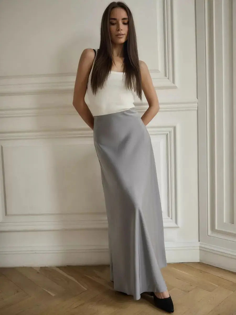 Tossy Satin High Waist Maxi Skirt in Purplish Grey