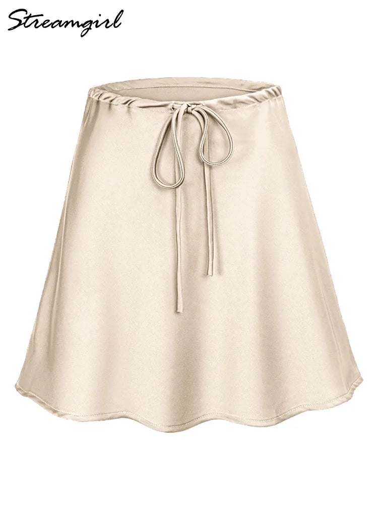 Satin Drawstring Mini Skirt in Black