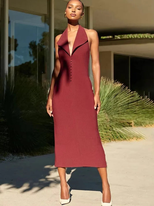 Mozision Halter Deep V Neck Backless Maxi Dress