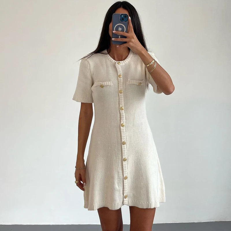 Elegant White Ribbed Knit Mini Dress with Metal Buttons