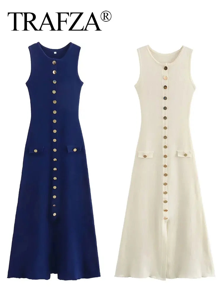 TRAFZA Women's Sleeveless Knit Midi Dress with Pockets