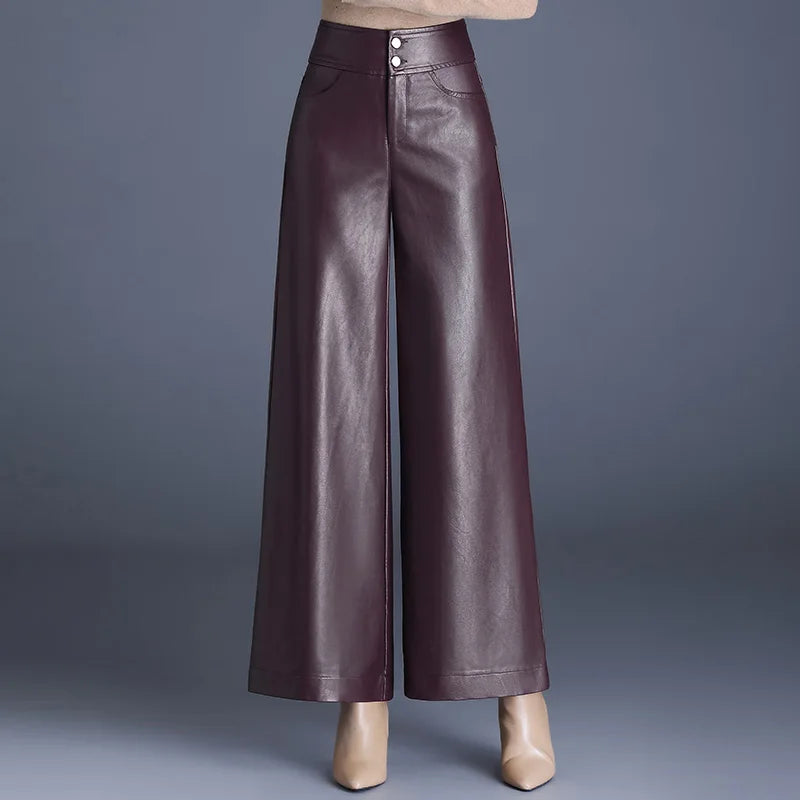 ZUZK PU Leather Wide Leg Pants - Dark