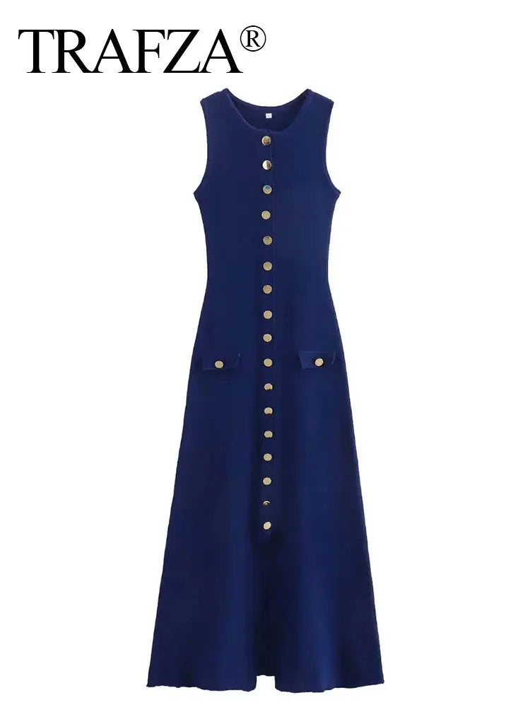 TRAFZA Women's Sleeveless Knit Midi Dress with Pockets