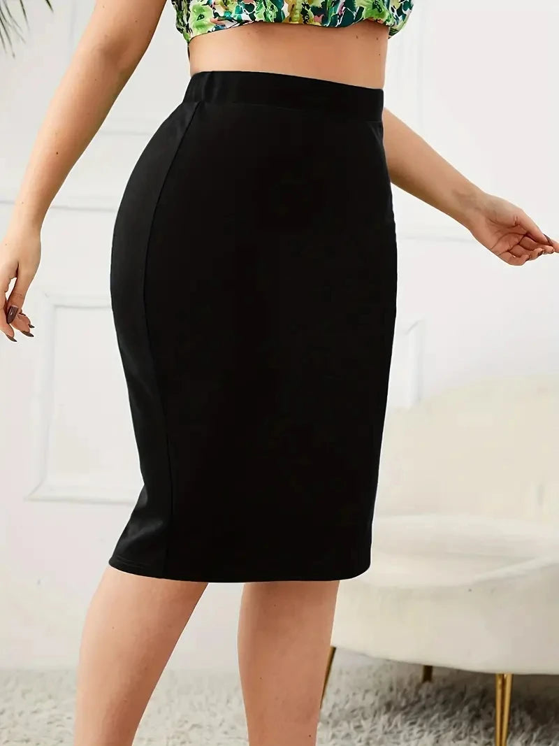 Plus Size Slim Pencil Skirt with Slit in Carmine