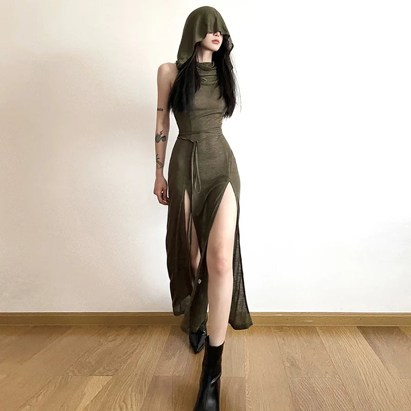 Goth Dark Hooded Midi Dress with Side Slits
