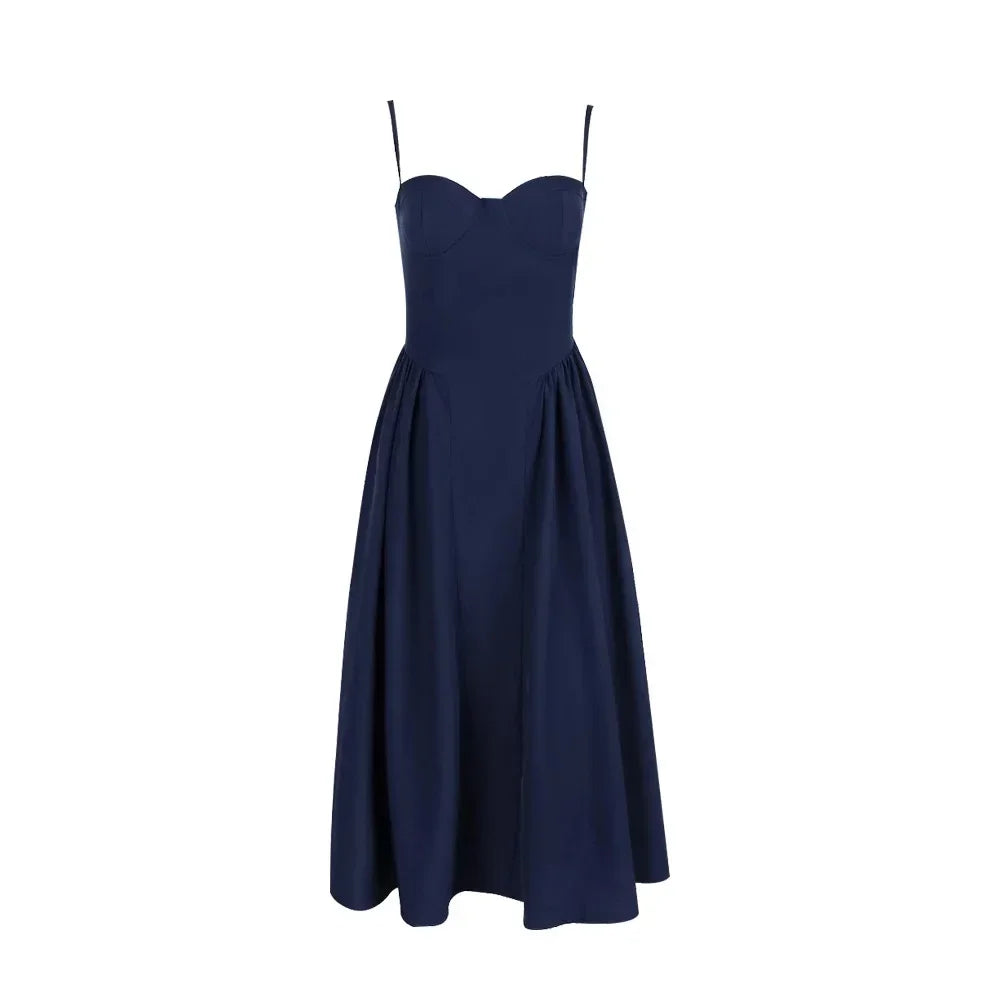Suninheart Navy Spaghetti Strap A-Line Midi Dress